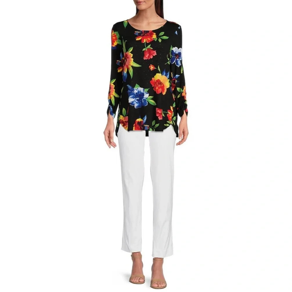 Ali Miles | Knit Tropical Floral Print Tunic Round Neck High Low Hem - Picture 3 of 9